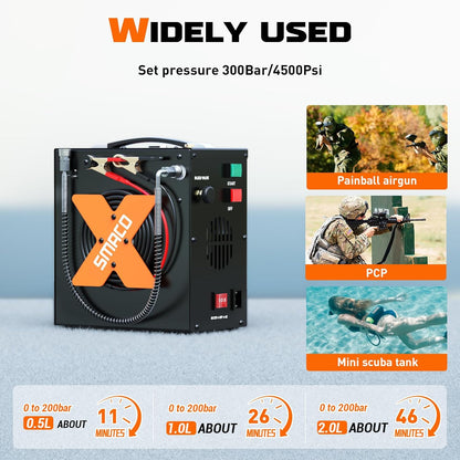Duikcompressor – PCP Compressor – Paintball Compressor – Mini Dompelfles Compressor – Luchtcompressor – Hoge Druk tot 300 Bar – Draagbaar met 12V en 220V Aansluiting