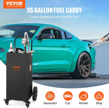 VEVOR Fuel Truck, 35 Gallon, 4 Wheels Petrol Storage Tank, Manual Transfer Pump Diesel Petrol Fuel Tank for Cars, Lawnmowers, Mountain Bikes, Boats, Black