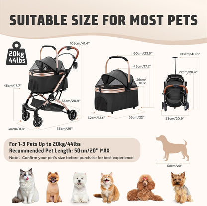 Gimars 4 in 1 Opvouwbare Kinderwagen voor Kleine/Middelgrote Honden en Katten. Draagt Tot 44 Lbs Met Afneembare Reismand Zonder Rits, 360° Voorwielen, Rem, Regenhoes, Bekerhouder, Opbergmand, Zwart