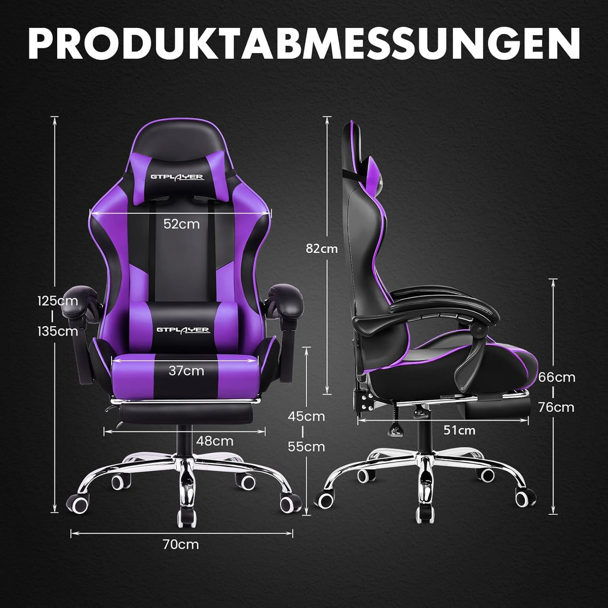 GTPLAYER Gamingstoel, bureaustoel, ergonomische pc-stoel, gamingstoel met massagesteun, task stoelen met voetensteun en hoofdsteun, paars kunstleer