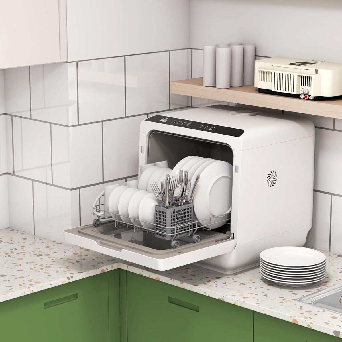HOMCOM Tischgeschirrspüler mit/ohne Wasseranschluss benutzbar Mini Geschirrspüler mit Platz für 4 Maßgedecke, 6 Programmen, eingebautem 6-Liter-Wassertank, für Büro,Camping, Wohnmobil, Weiß