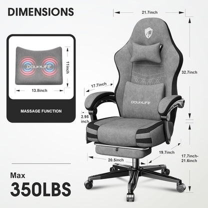 Douxlife Gamingstoel, stof met massage, verbreed zitkussen met pocketveren, ergonomische bureaustoel, pc-gamerstoel met voetensteun en metalen poten, 158 kg belastbaarheid, lichtgrijs