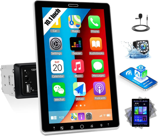 1 DIN autoradio met draadloos CarPlay Android Auto autoradio met draaibaar 10,1-inch touchscreen Bluetooth FM/AM/RDS radio Mirror Link USB/TF-kaart/Aux-ingang SWC EQ ondersteuning DVR+