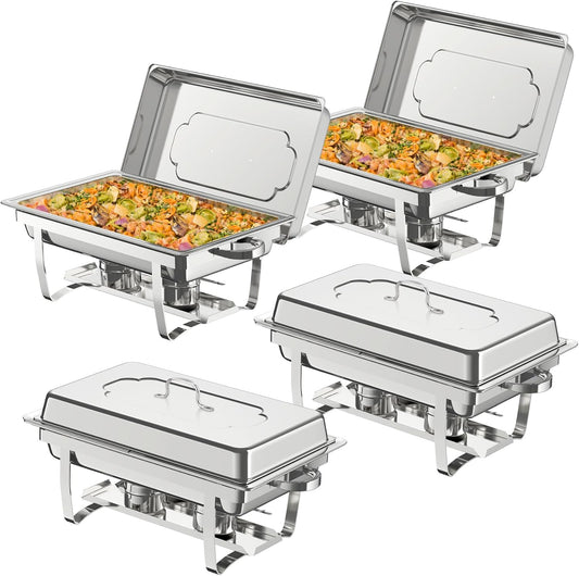 NArra 4-delig Chafing Dish Buffet Set, 9L Rechthoekige Catering Serveerplateaus van Roestvrij Staal met Voedselbak, Voedselwarmer met Opvouwbare Lijst voor Feesten, Diners, Catering, Bruiloften