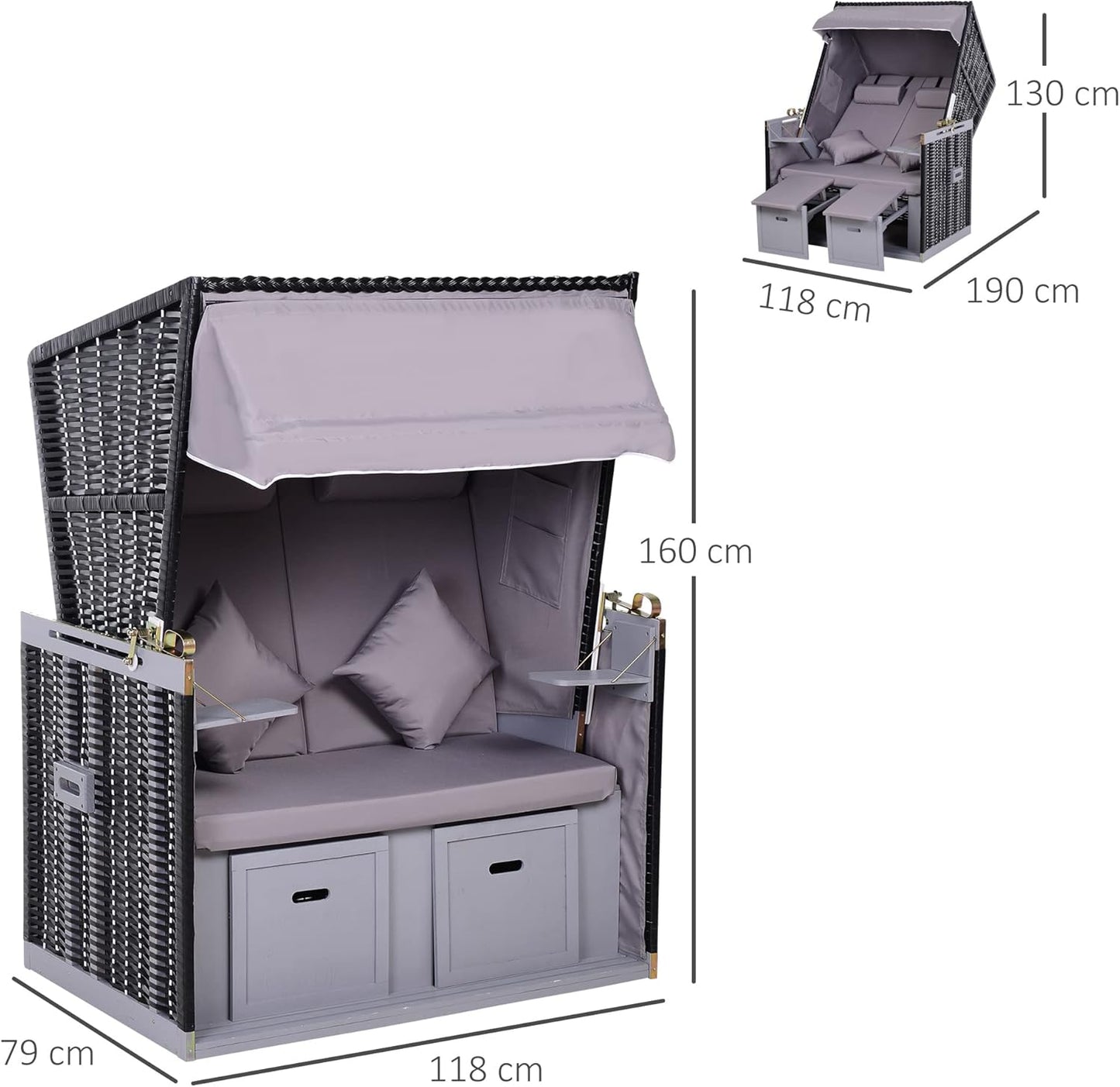 Outsunny Beach Chair Sun Lounger with Protective Cover for Cup Holders PE Rattan Grey 118 x 79 x 150 cm - QUORE