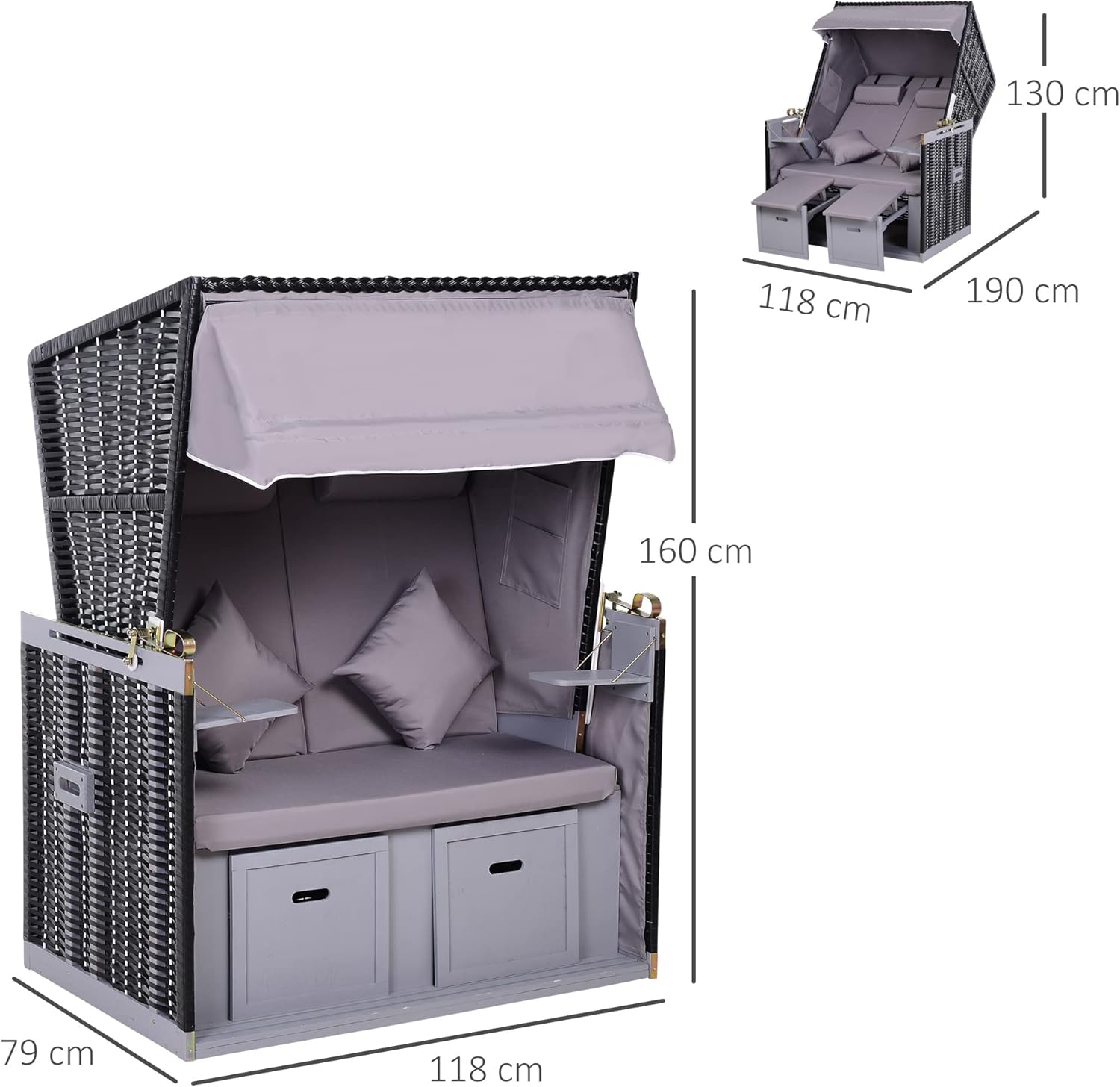 Outsunny Beach Chair Sun Lounger with Protective Cover for Cup Holders PE Rattan Grey 118 x 79 x 150 cm - QUORE