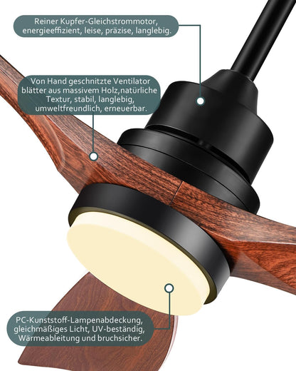 Plafondventilator met verlichting en afstandsbediening, stille DC-motor, 52 inch (132 cm), 3 vleugels, timer, 6 snelheden, ETL-vermeld, zomer, winterfunctie, walnoot