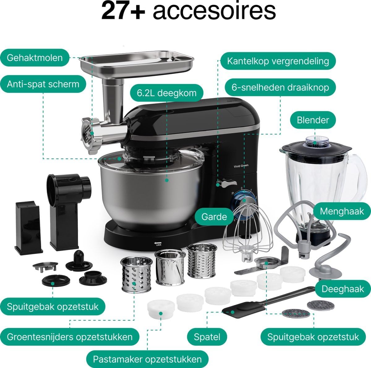 Keukenmachine – Food Processor – Keukenmixer – Blender – Mixer – 2000W Motor – 6,2L RVS Mengkom