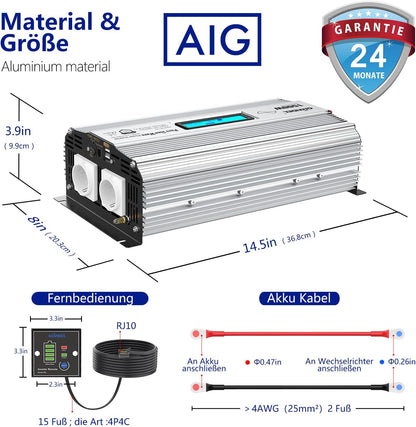 GIANDEL 1500 W zuivere sinus omvormer, DC 12 V naar AC 230 V, spanningsomvormer, power inverter met 2,4 A dubbele USB-poorten en afstandsbediening en lcd-display voor camper vrachtwagen