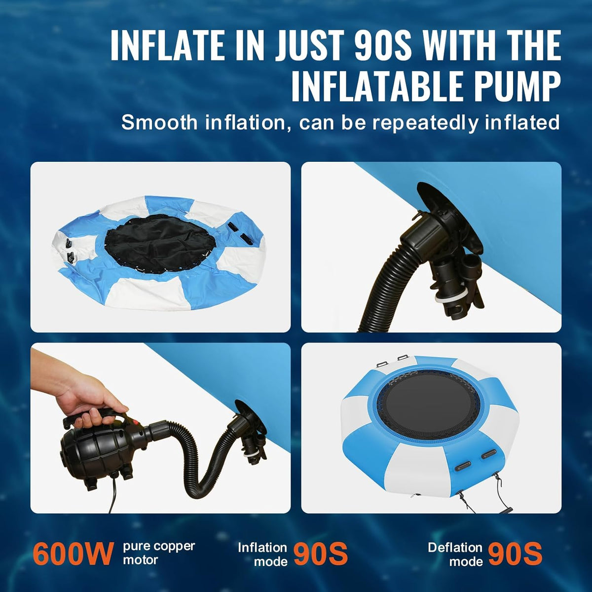 VEVOR Opblaasbare watertrampoline, opblaasbare watertrampoline, 200 x 50 cm, draagbaar zwemplatform met ladder en elektrische luchtpomp, voor kinderen, zwembad, blauw en wit