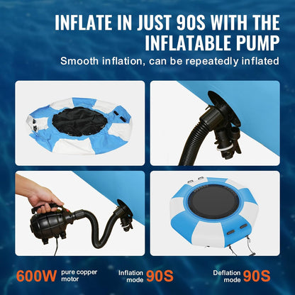 VEVOR Opblaasbare watertrampoline, opblaasbare watertrampoline, 200 x 50 cm, draagbaar zwemplatform met ladder en elektrische luchtpomp, voor kinderen, zwembad, blauw en wit