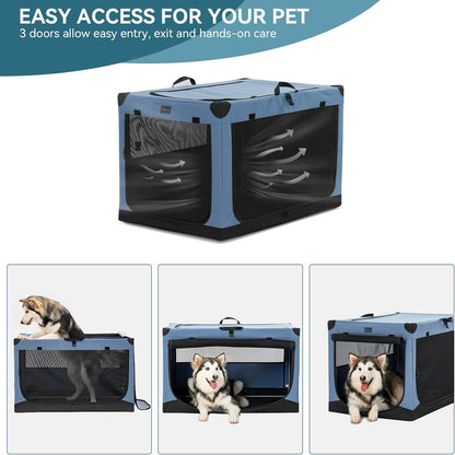 Petsfit Opvouwbare hondenbox, hondenbench voor thuis, verstelbare stoffen hoes met spiraalijzeren buis, hondenkrat, stof, grote honden, 3 deurdesign, eenvoudig transport, makkelijk opbergen, XL, blauw