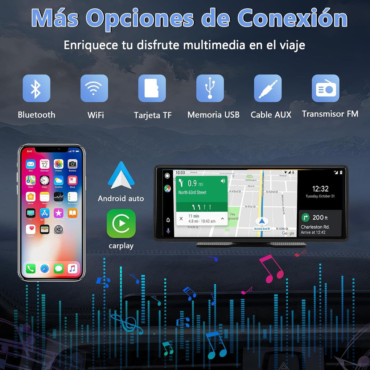 Pantalla Táctil Vink 10.26 Pulgadas, GPS-navigatie, Estéreo voor de auto, compatibel met CarPlay, Android Auto, Bluetooth, Bediening via Voz, GPS, AUX en FM