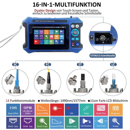 16-in-1 OTDR-glasvezeltester 1310/1550 nm, 11 cm touchscreen, OLT-evenementenkaart, geïntegreerde VFL OPM LS/OLS/RJ45-tester, RJ45-functies