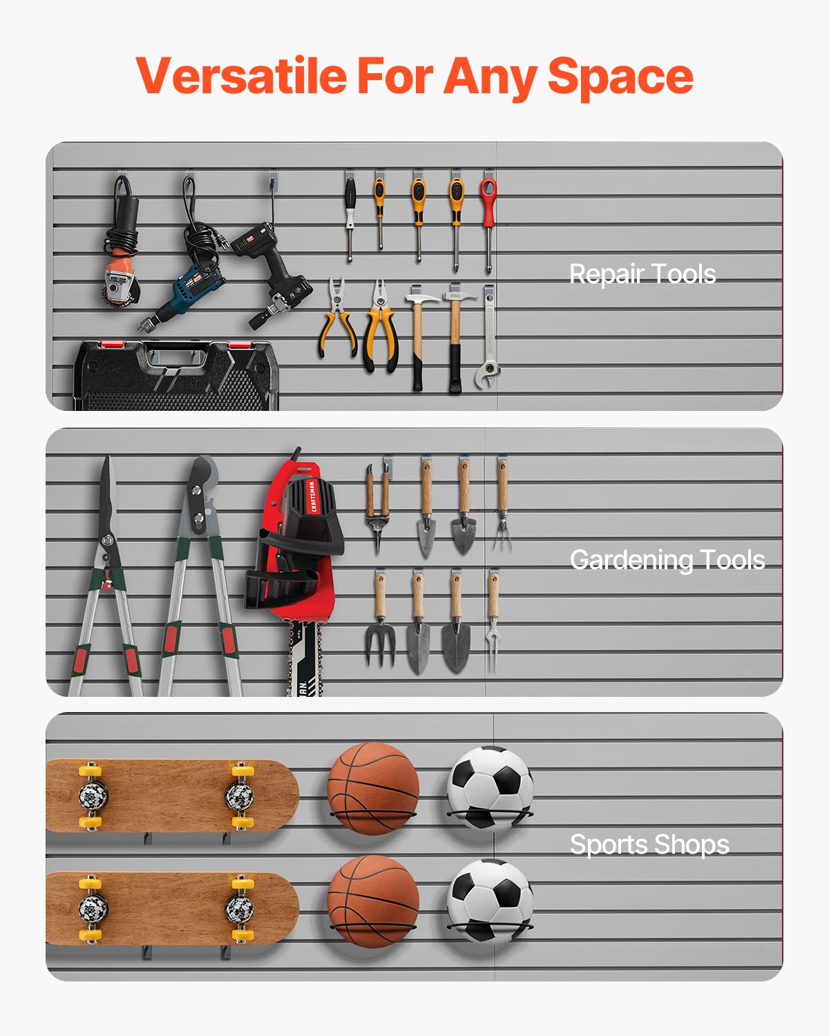 VEVOR Gereedschapswand, 1225 x 2450 x 20 mm, pvc-garagelamellenwand met accessoires, 136 kg per plaat, lamellenwandpaneel met koppelingsstructuur en doe-het-zelf-gesneden, geschikt voor opslag en
