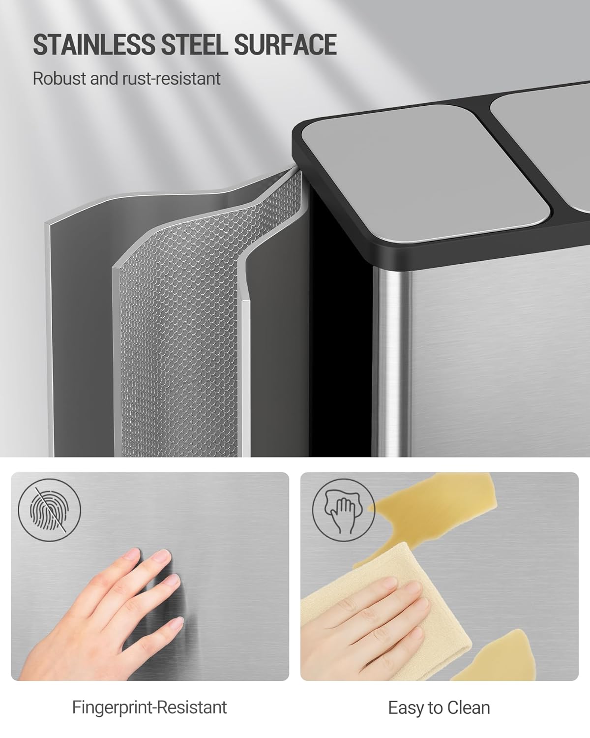 Hzuaneri Trash Bin, Kitchen Pedal Bin (2 x 15 L), Stainless Steel Waste Sorting System with Coloured Pedal, Removable Inner, Suitable for Kitchens, Silent Slow Closure of Lid, Silver