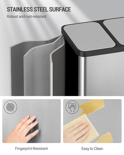 Hzuaneri Trash Bin, Kitchen Pedal Bin (2 x 15 L), Stainless Steel Waste Sorting System with Coloured Pedal, Removable Inner, Suitable for Kitchens, Silent Slow Closure of Lid, Silver
