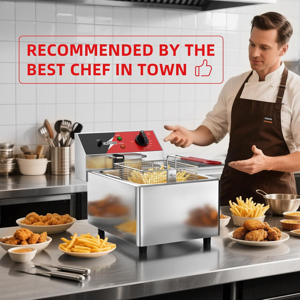 CROSSON Elektrische Friteuse 6L,230V/3000W Elektrische Friteuse met Mand en Deksel,Temperatuurregeling 80-200°C,voor Restaurantkeuken