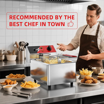 CROSSON Elektrische Friteuse 6L,230V/3000W Elektrische Friteuse met Mand en Deksel,Temperatuurregeling 80-200°C,voor Restaurantkeuken