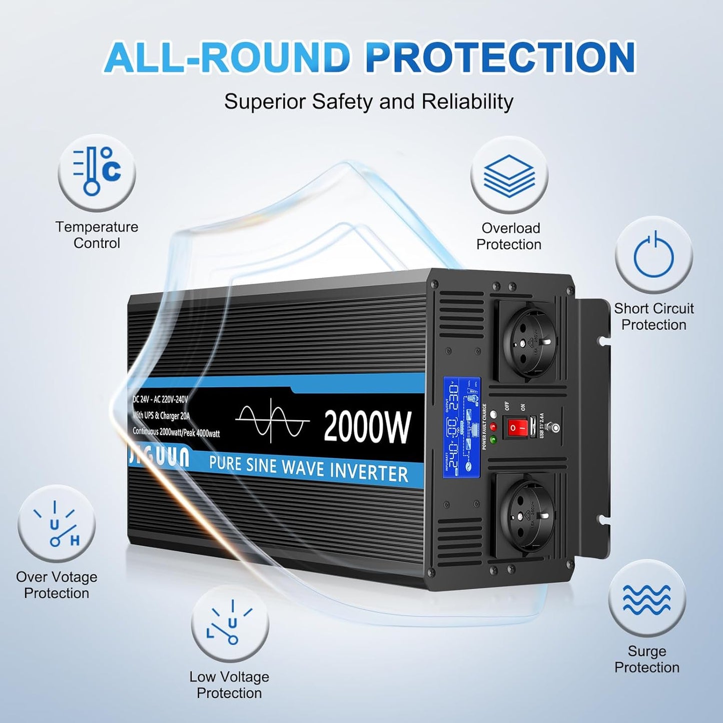 JIGUUN 2000W omvormer 24v naar 230v zuivere sinus met 20A lader en net prioriteit circuit en UPS, 2 EU-stopcontacten, draadloze afstandsbediening en LCD-display piekvermogen 4000W
