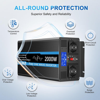 JIGUUN 2000W omvormer 24v naar 230v zuivere sinus met 20A lader en net prioriteit circuit en UPS, 2 EU-stopcontacten, draadloze afstandsbediening en LCD-display piekvermogen 4000W