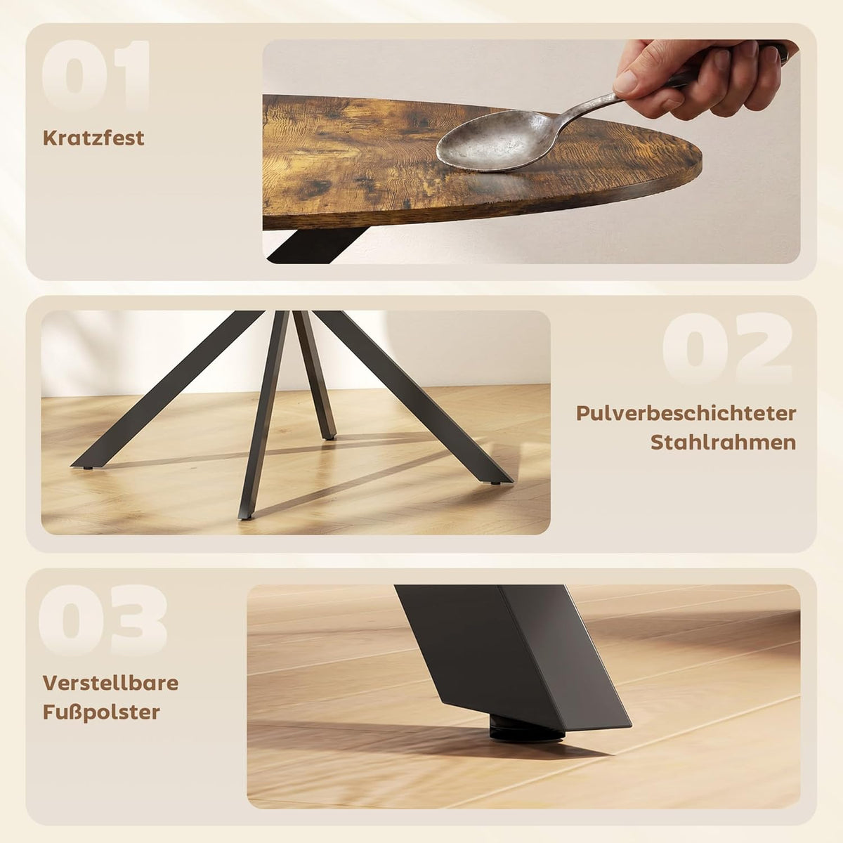 Ronde Eettafel – Eetkamertafel – Keukentafel – Bureau – Tafel 120 cm Ø – Industrieel Design – Verstelbare Voetjes