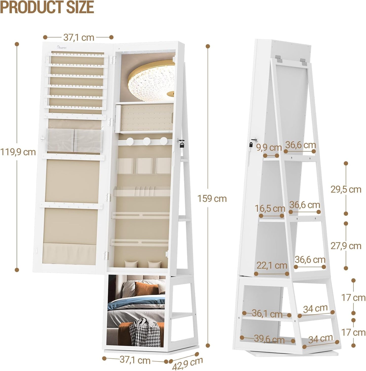Hzuaneri Jewellery cabinet, with 360° rotating base, lockable mirror in full length, large 4-stage storage compartments, 4-in-1 multifunctional (white and beige)