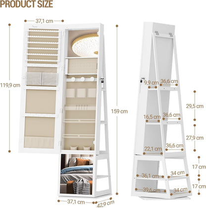 Hzuaneri Jewellery cabinet, with 360° rotating base, lockable mirror in full length, large 4-stage storage compartments, 4-in-1 multifunctional (white and beige)