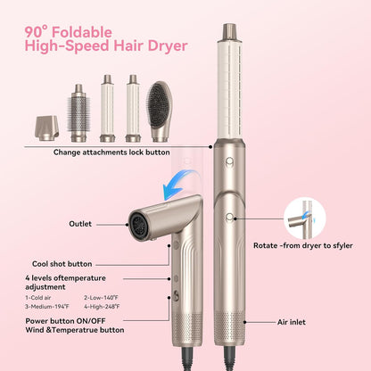 5-In-1 Airstyler Set – Föhnborstel – Warmeluchtborstel – Ronde Borstelföhn – Krultang – 1400 W – Brushless Motor 110.000 Rpm