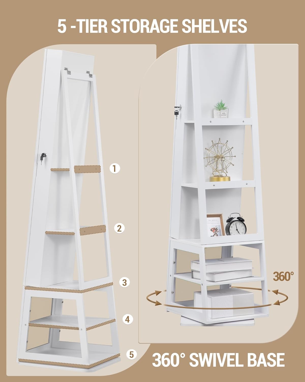 Hzuaneri Jewellery cabinet, with 360° rotating base, lockable mirror in full length, large 4-stage storage compartments, 4-in-1 multifunctional (white and beige)