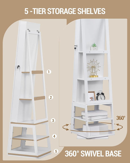 Hzuaneri Jewellery cabinet, with 360° rotating base, lockable mirror in full length, large 4-stage storage compartments, 4-in-1 multifunctional (white and beige)