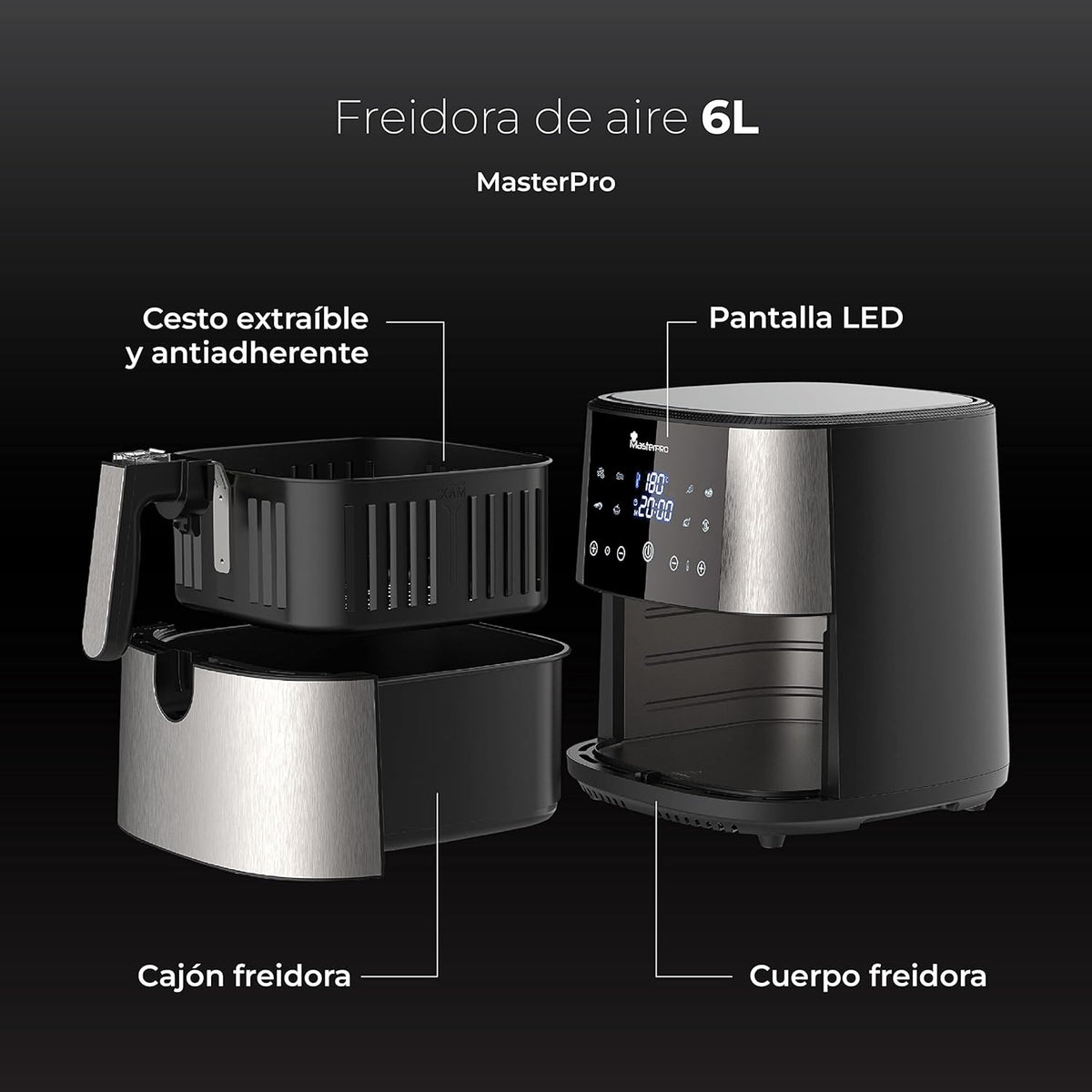 MasterPro Foodies XXL Friteuse Kit zonder olie, 6 l, 1800 W, samen met oliesproeispray, led-display en anti-aanbakmand, luchtfriteuse, 8 verschillende functies in 1