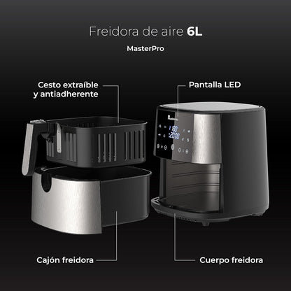 MasterPro Foodies XXL Friteuse Kit zonder olie, 6 l, 1800 W, samen met oliesproeispray, led-display en anti-aanbakmand, luchtfriteuse, 8 verschillende functies in 1