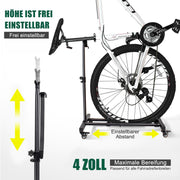 Fietsstandaard - Fiets Montagestandaard - Fietshouder - Vrijstaande Fiets-Vloerstandaard - met Vergrendelbare Wielen - In Hoogte Verstelbaar - voor Alle Fietstypes - tot 4inch Bandbreedte - Belastbaarheid tot 25kg - 85 x 68 x 43 cm - Zwart