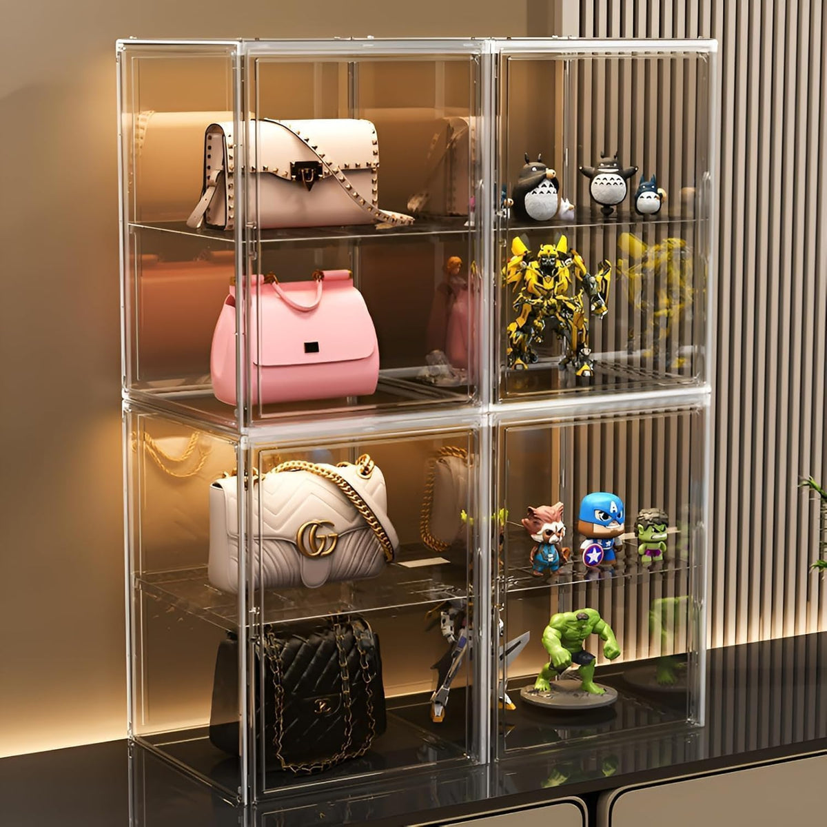 XL Transparante stapelbare opbergdozen met magneetsluiting, stofdichte vitrine, acryl showbox voor helmen, figuren, boeken, cosmetica, schoenen en handtassen (XL, set van 3)