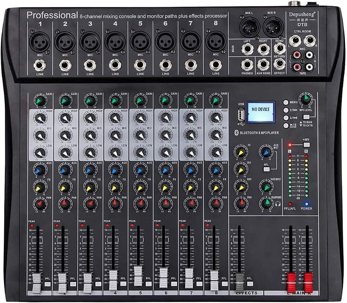 8-Kanaals Mixer Zwart – Mengpaneel, Mengtafel, Geluidsmixer, Mixconsole – Bluetooth, USB En MP3 – 48V Fantoomvoeding En 3-Bands EQ