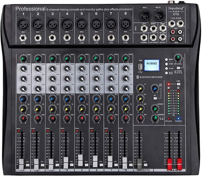 8-Kanaals Mixer Zwart – Mengpaneel, Mengtafel, Geluidsmixer, Mixconsole – Bluetooth, USB En MP3 – 48V Fantoomvoeding En 3-Bands EQ