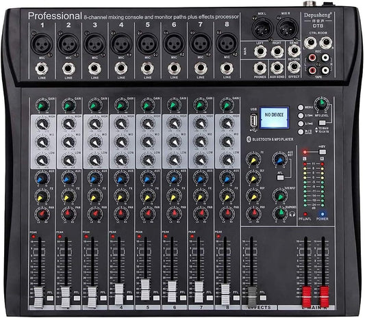 8-Kanaals Mixer Zwart – Mengpaneel, Mengtafel, Geluidsmixer, Mixconsole – Bluetooth, USB En MP3 – 48V Fantoomvoeding En 3-Bands EQ
