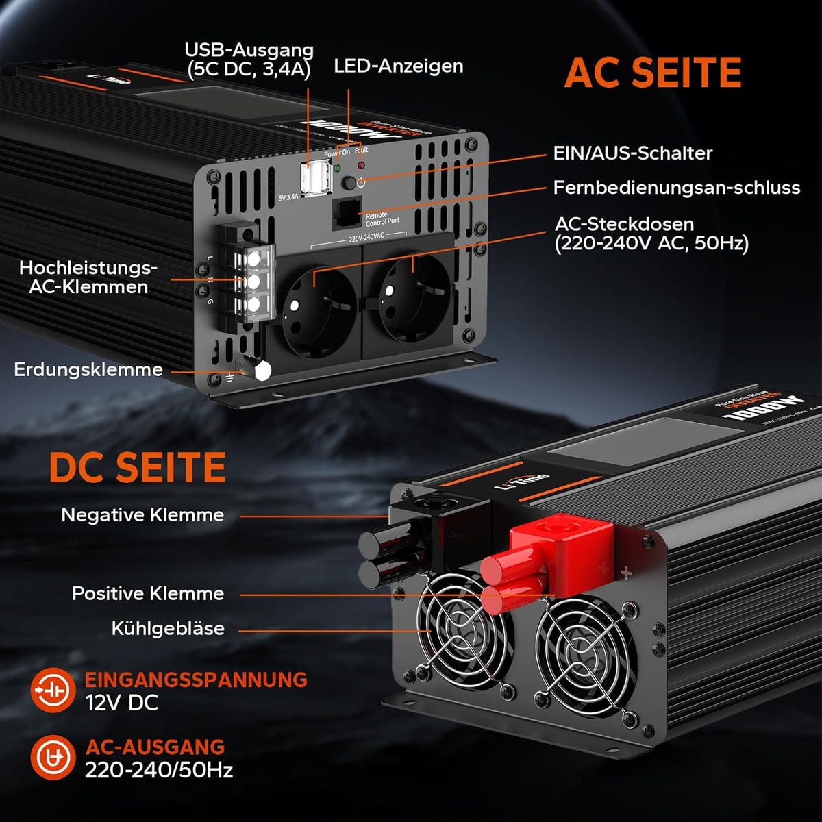 12V naar 230V Omvormer – Spanningsomvormer – Spanningsconverter – DC naar AC Omvormer – Zonnestroom Omvormer – 1000W Continu, 2000W Piekvermogen – Zuivere Sinusgolf met LCD Bewakingsscherm en 2 AC Uitgangen