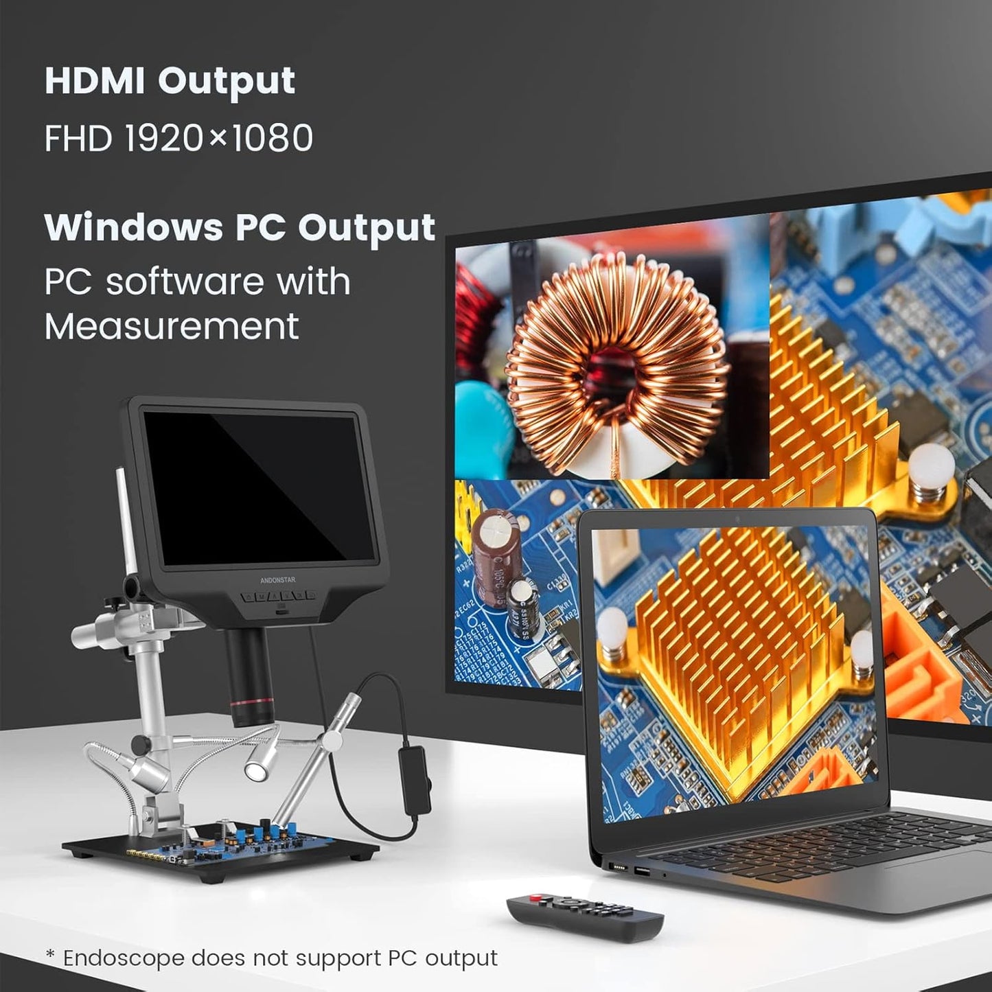 Andonstar AD409 Pro HDMI digitale microscoop met endoscoop, 10,1 inch LCD-scherm soldeermicroscoop, 300X USB elektronische microscoopcamera voor PCB-solderen, muntenverzameling, ondersteunt Windows-pc