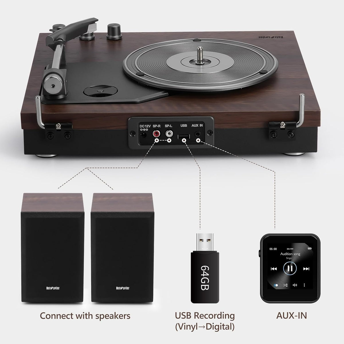 Platenspeler – Draaitafel – Vinylspeler – Retro Platenspeler – Donkerbruin Hout – 2 Externe Luidsprekers Van 15 W – Bluetooth, Aux-In, USB-Weergave En LP-MP3-Opname