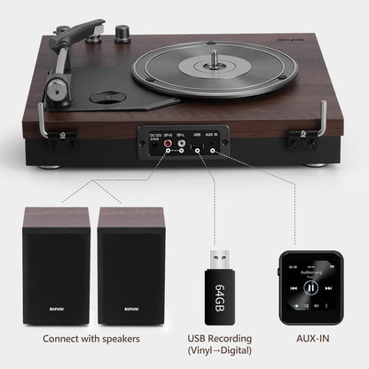 Platenspeler – Draaitafel – Vinylspeler – Retro Platenspeler – Donkerbruin Hout – 2 Externe Luidsprekers Van 15 W – Bluetooth, Aux-In, USB-Weergave En LP-MP3-Opname