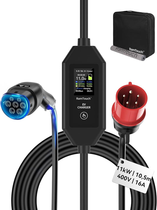 Laadkabel Type 2 – EV-laadkabel – Oplaadkabel Elektrische Auto – Mobiele Lader – Thuislader – 11 kW 3-fase – Instelbare Stroom 6A-16A Met Timer & Vertraging