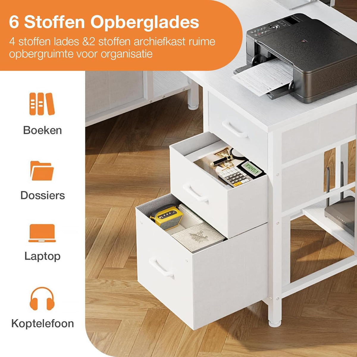 Coleshome Bureau met 6 laden, 160x52 cm Bureau met opslagruimte, Computerbureau met Planken voor Thuiskantoor, Wit