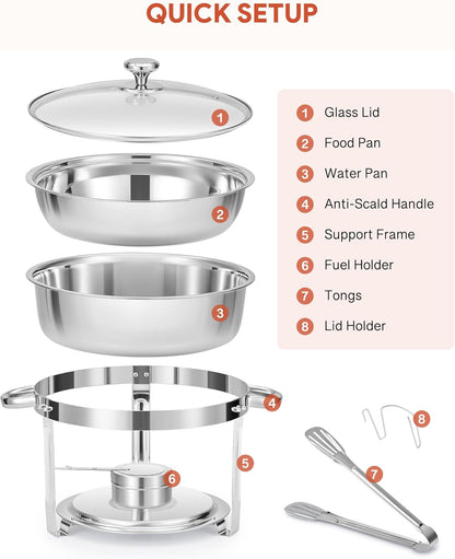 Wilprep Chafing dish rond met glazen deksel, Buffet set van 4, RVS voedselwarmer kit 5,5 liter, Bain Marie met brandpasta houder, voor partijen buffetten banketten diners