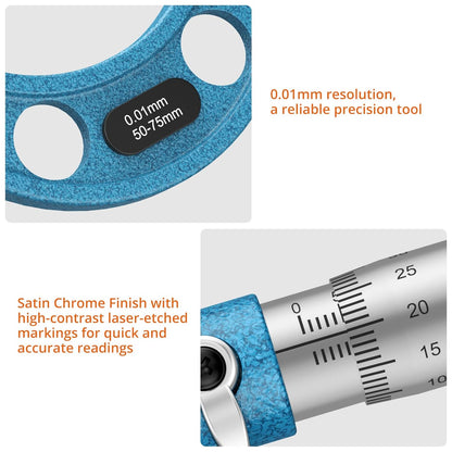 Proster Micrometer voor buiten, 0-150 mm, 6 stuks, mechanische buitenmicrometer, 0,01 mm, met stoprail, chroom satijn en laserschaal, professionele set met kalibratiebeugels en werkplaatsbox