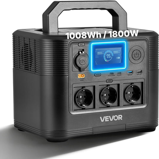 VEVOR LiFePO4 draagbaar powerstation, 1800 W, back-up accu, 1008 WH, met 8 uitgangen, voor thuis, camping, reizen in de camper, zonnepaneel niet inbegrepen