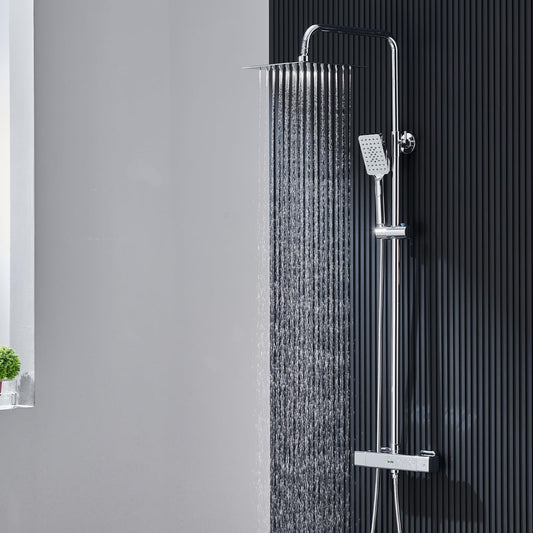 Douchesysteem met Thermostaat – Doucheset – Douchearmatuurset – Regendouche met Kraan – Complete Set met Handdouche – Vierkante Regendouche 25x25 cm – Verstelbare Douchestang – Duurzaam Chroom