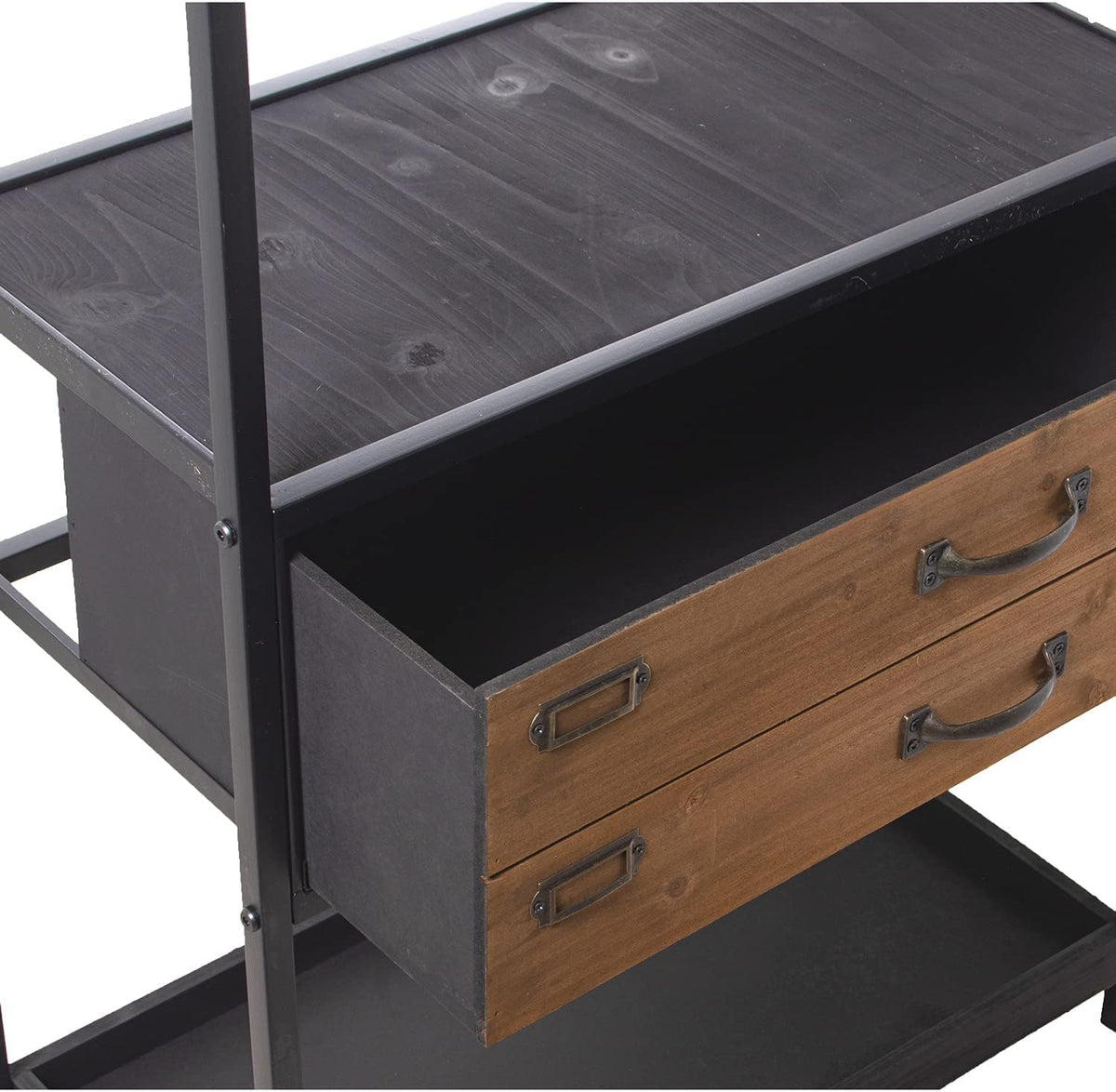 DRW Rek met 2 laden van metaal en MDF-hout in zwart en naturel, 60 x 30 x 140 cm