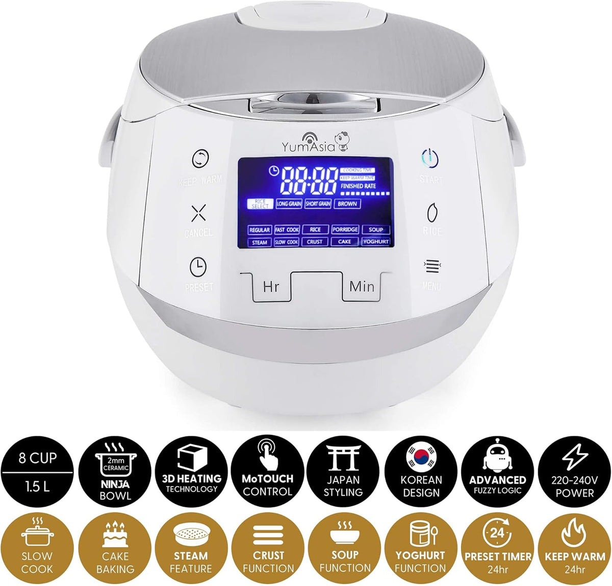 Yum Asia Sakura rijstkoker met keramische kom en Advanced Fuzzy Logic (8 kopjes, 1,5 liter) 6 rijstkokerfuncties, 6 multi-cooker functies, Motouch LED-display, 220-240V EU (White and Silver)